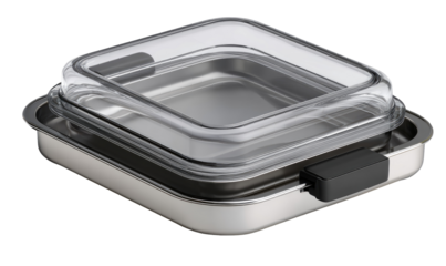 Square food storage container with clear lid and black latches