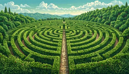 A large, vibrant green hedge maze stretches across a scenic landscape, with pathways winding through its concentric circles.