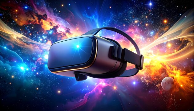 A futuristic virtual reality headset floats amidst vibrant cosmic nebulae, showcasing the boundless potential of immersive experiences.
