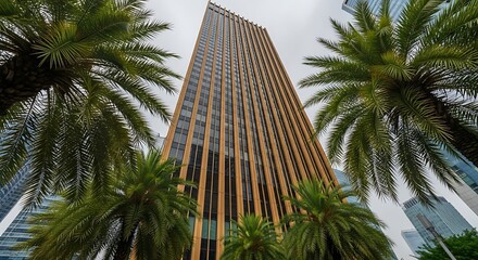 Fototapeta premium Modern skyscraper with palm trees in a tropical city
