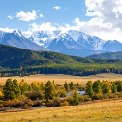A breathtaking autumn vista showcases snow-capped mountains, a winding river, and vibrant fall foliage in a picturesque landscape.