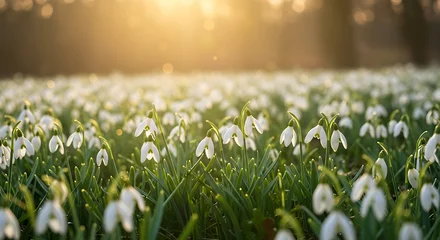 Fototapete Pflegezentrum Snowdrop flowers blooming in a field during spring.  © Edi