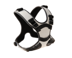 White and black dog harness, adjustable straps