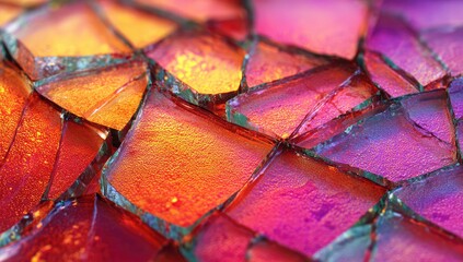 Close-up of vibrant, broken glass shards with a kaleidoscope of colors
