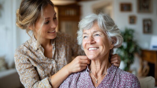 A young woman is lovingly adjusting the jewelry of an older woman in a relaxing home setting, showcasing a moment of care and connection between generations