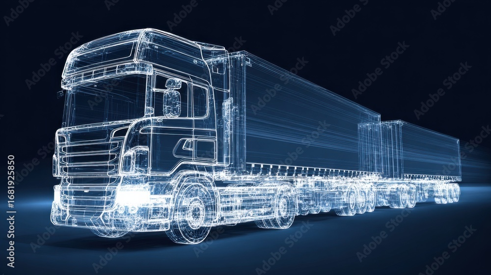 Fototapete a detailed wireframe rendering of a truck with a trailer shows innovative design elements and engine