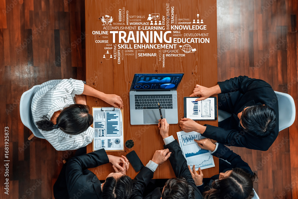 Poster a dynamic group of professionals collaborate in a meeting, focusing on training and skill enhancemen