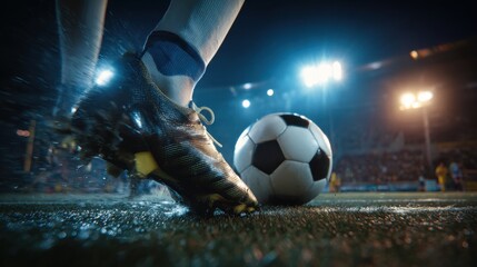 A skilled athlete positions their cleat to strike a soccer ball on a wet field at a lively night game. The stadium is illuminated, enhancing the competitive atmosphere