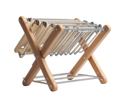 Light-toned wooden utensil drying rack.  A  foldable,  cross-shaped frame supports  metal utensil holders, arranged in tiers.  A  lower shelf is included