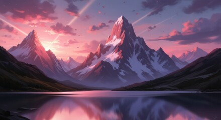 Breathtaking mountain range at sunset with a serene lake reflecting the vibrant pink and purple sky and snowcapped peaks