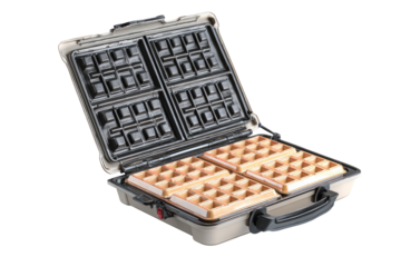 Portable waffle maker in a hard-shell case.  Golden-brown waffles fill four sections of the appliance, which sits open within a light beige case.  Handle and latch visible