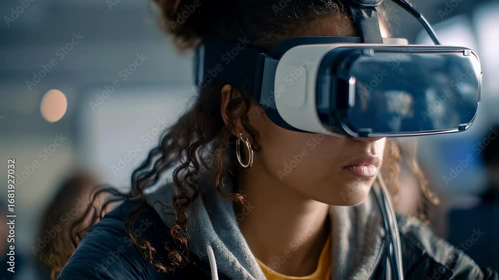 Poster medium shot of a focused student using vr headset surroundings softly blurred to emphasize virtual r