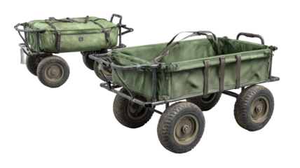 Two olive-green canvas-covered utility carts on a black background.  Each features four wheels and sturdy metal frame.  One cart slightly larger than the other