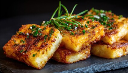 Crispy, golden-brown potato cakes, stacked on a dark slate platter, garnished with fresh rosemary and herbs