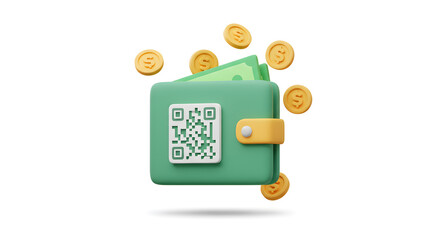 Digital wallet with floating coins and QR code in modern semi-flat 3D style, duotone green and yellow palette, soft shadows – clean, minimal, isolated composition for fintech and mobile payment visual