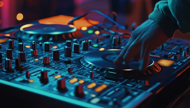 The image shows a close-up view of a person's hand adjusting the controls on a digital DJ mixing console, illuminated by colorful lights typical of a night club environment.