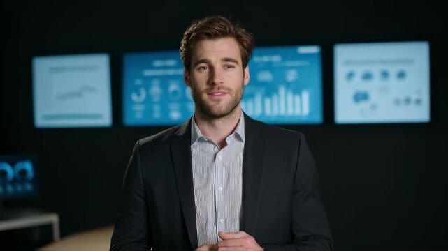 Medium shot spotlighting a confident speaker addressing the board on CSRD progress with glowing assurance letters and dashboards slightly out of focus.