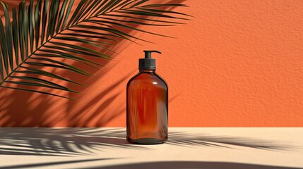 Amber glass pump bottle sits on a light beige surface against a burnt orange wall, partially shadowed by a palm frond.  Sunlight casts shadows