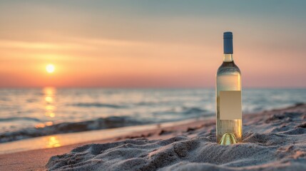 A bottle of white wine stands on the sandy beach as the sun sets over the horizon, casting warm hues across the sky and reflecting on the ocean waves