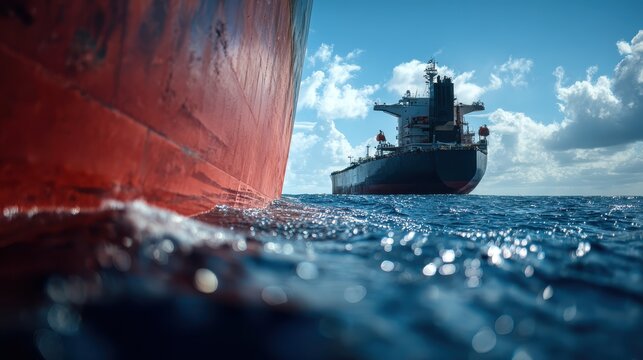 Massive commercial cargo ship sailing on calm ocean waters, detailed hull close-up, maritime freight and global shipping logistics, industrial sea transport, commercial vessel navigating international