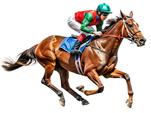 Jockey racing chestnut horse full speed isolated on a transparent background