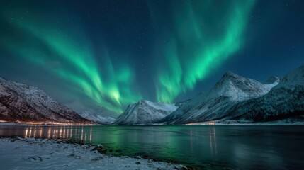 Fototapeta premium Colorful auroras dance across the night sky, casting a magical glow over the tranquil lake and surrounding snow-covered peaks. The atmosphere is serene and captivating during winter