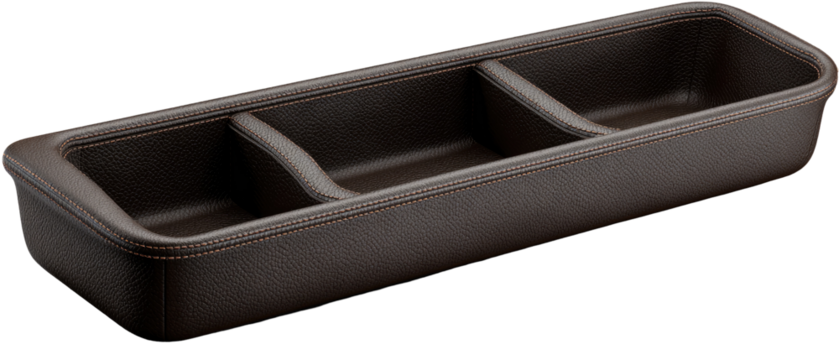 Dark brown leather storage tray with three compartments