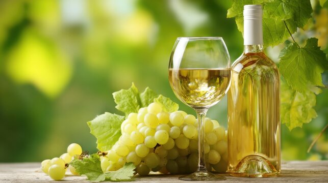 A glass of white wine stands next to a bottle, accompanied by a bunch of fresh green grapes on a rustic wooden table - Powered by Adobe