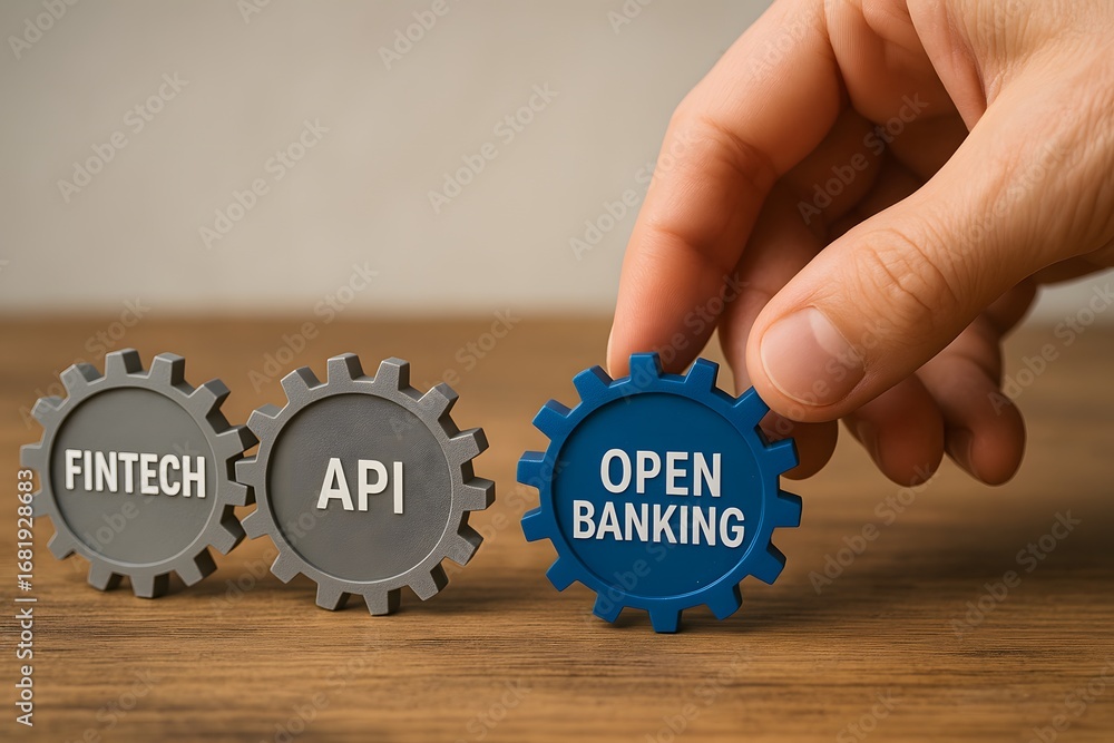 Poster close-up of a hand interacting with interconnected gear symbolizing fintech, api and open banking co