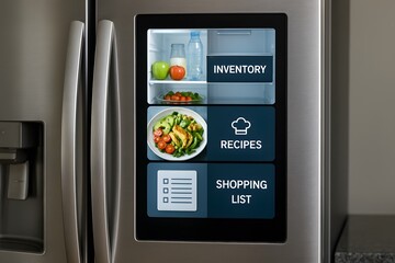 A smart refrigerator with touchscreen, displaying inventory, recipes, and shopping list, showcasing modern kitchen technology