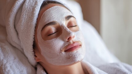 A woman relaxes with a moisturizing facial mask at a wellness center. Soft light fills the room, enhancing her peaceful experience during the afternoon treatment