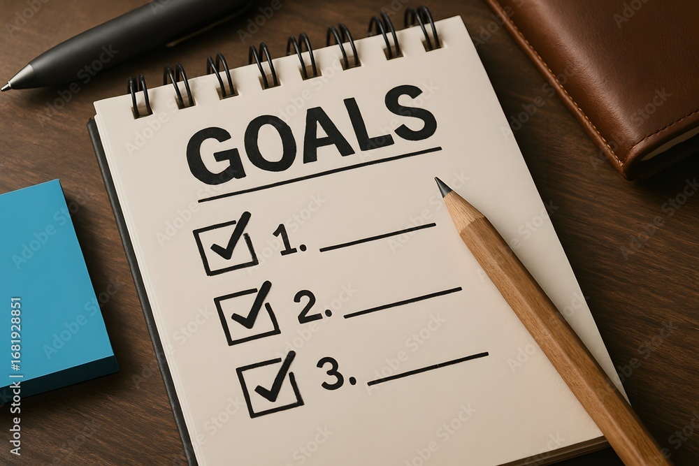 Poster a notepad with the word goals written on it, with checkboxes beside numbered items, implying a plan 
