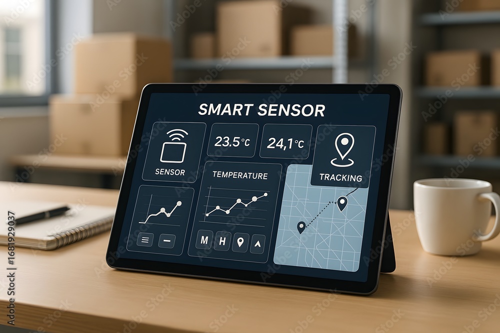 Poster smart sensor technology showcasing data analysis with temperature and location tracking