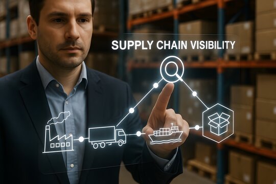 Focused on supply chain visualization, this image features a person interacting with an advanced digital interface showcasing logistics - Powered by Adobe