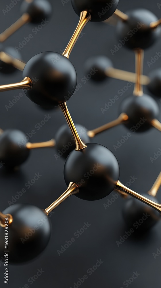 Poster close-up view of a black and gold molecular structure showcasing the intricate connections and moder
