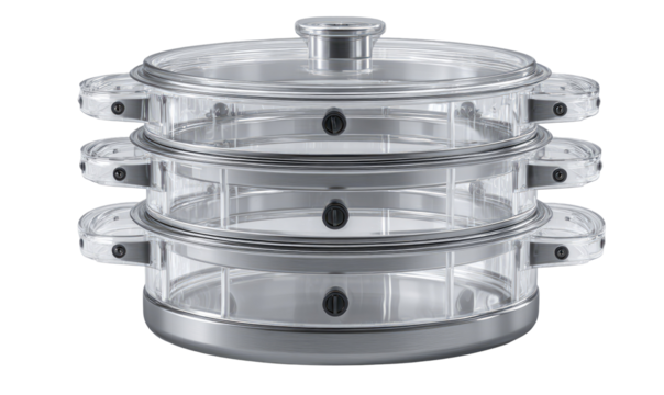 Multi-tiered clear glass and gray steamer