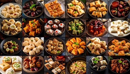Fototapeta premium Assorted Middle Eastern sweets and pastries displayed on various plates, showcasing a vibrant array of textures and colors.