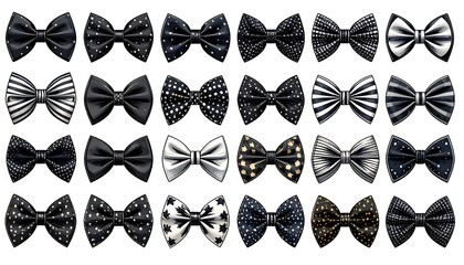 A collection of various patterned bow ties in black and white, showcasing diverse designs and textures.