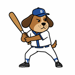 Fierce cartoon dog athlete ready to swing baseball bat in uniform, determined winning spirit