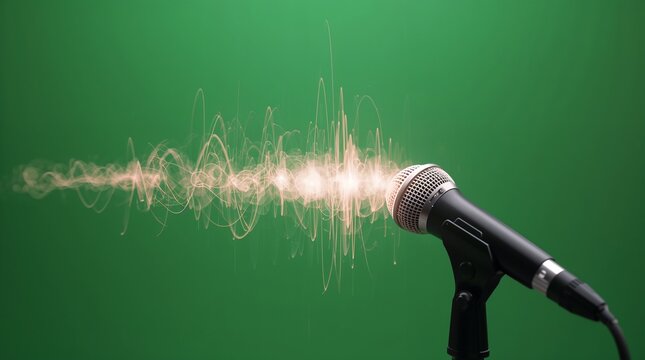 Dynamic microphone capturing vibrant sound waves against a green screen backdrop perfect for podcasting, music production, and broadcasting projects