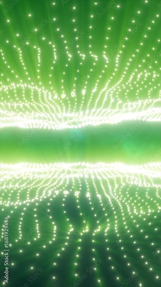 Poster abstract glowing green light waves with luminous dotted patterns forming a futuristic background