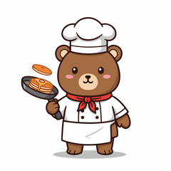 Adorable cartoon chef bear flipping delicious pancakes in a pan, perfect for food promotions