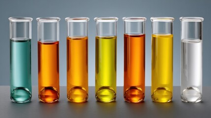 Test tubes filled with different colored liquids in a laboratory setting display a spectrum of vibrant hues on a minimalist table background.