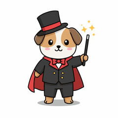 Adorable cartoon magician dog with top hat and wand conjures happy sparks, perfect for playful designs