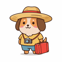 Adorable cartoon dog ready for adventure with camera and suitcase, wearing a hat