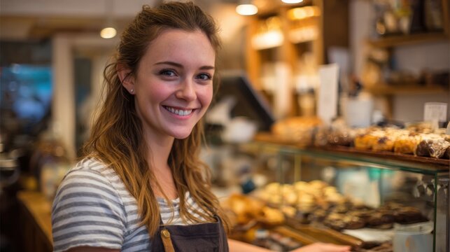 A cheerful barista stands behind the counter, showcasing an array of pastries in a warm, inviting cafe atmosphere during the afternoon hours - Powered by Adobe