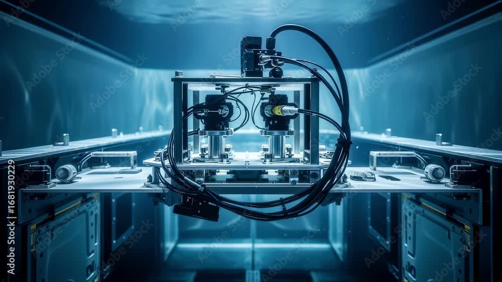Poster underwater docking station fitted with advanced sonar transducers submerged in a sonar alignment tan