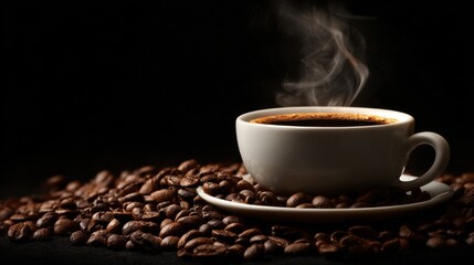 Fototapeta premium A steaming cup of coffee rests on a saucer surrounded by scattered roasted coffee beans, creating a warm and inviting atmosphere perfect for morning rituals
