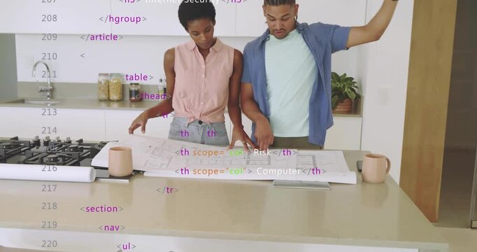 Couple steadying island blueprint, man tracing sections and showing ceiling height for renovation
