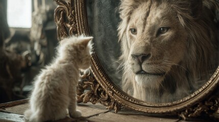 In a warm, softly lit room, a fluffy white kitten curiously observes its reflection in an elaborate mirror, seeing a magnificent lion instead of its own likeness